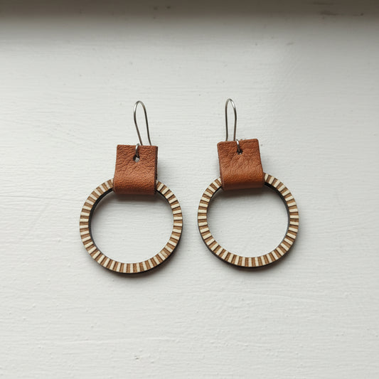 Striped Circle Handmade Wooden and Leather Earrings
