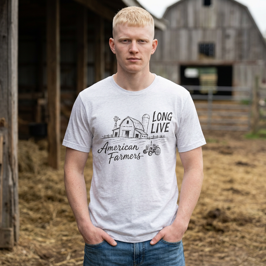 Long Live American Farmers Tee — Vintage Farmhouse Barn & Tractor T-Shirt