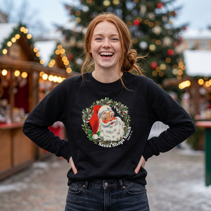 Santa Claus Shops Small Wreath Sweatshirt — Vintage Holiday Raglan Crewneck