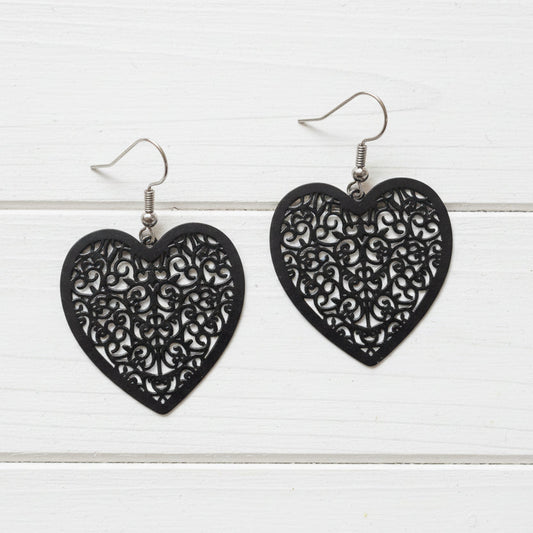 Black Heart Floral Earrings