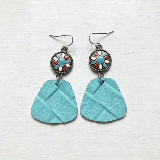Handmade Turquoise Embossed Faux Leather Earrings