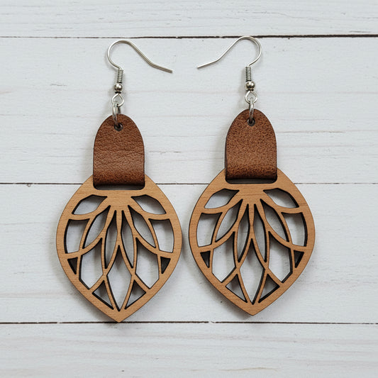Wooden Leaf and Leather Earrings