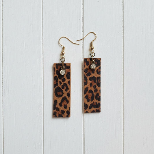 Handmade Leopard and Rhinestone Faux Leather Earrings