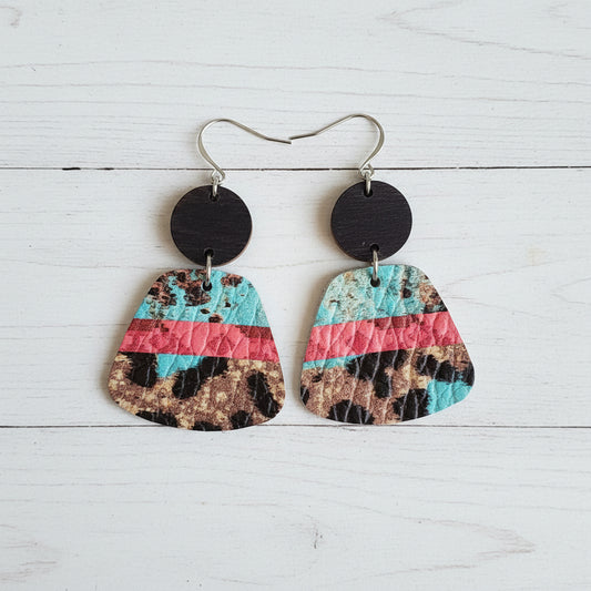 Handmade Turquoise and Leopard Embossed Faux Leather Earrings