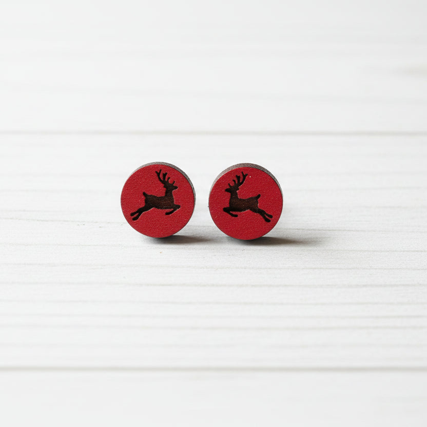 Reindeer Wooden Etched Handmade Stud Earrings