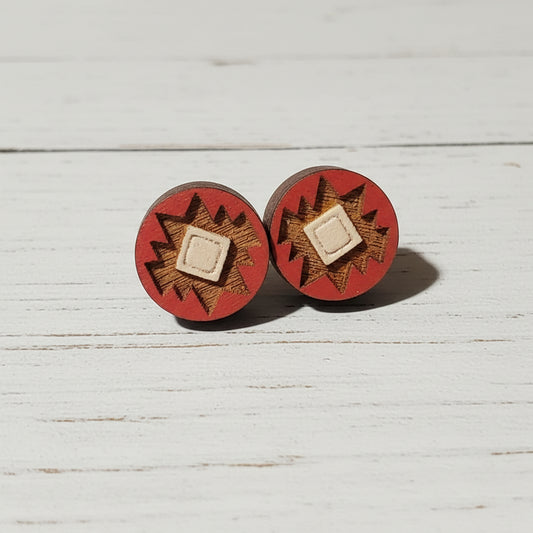 Aztec Wooden Etched Handmade Stud Earrings