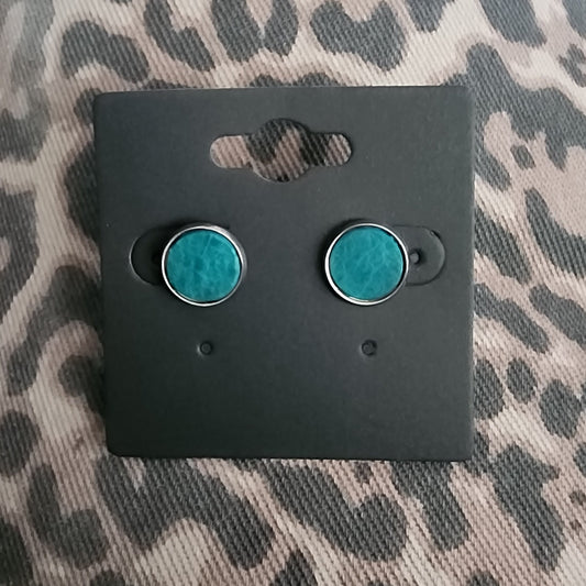 A pair of round stud earrings with turquoise-blue centers and silver-toned edges, displayed on a black backing card over a leopard-print fabric background.