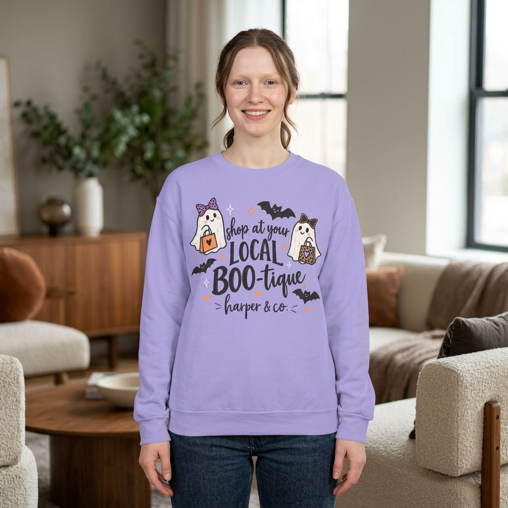 Local BOO-tique Halloween Sweatshirt — Cute Ghosts Trick-or-Treat Graphic