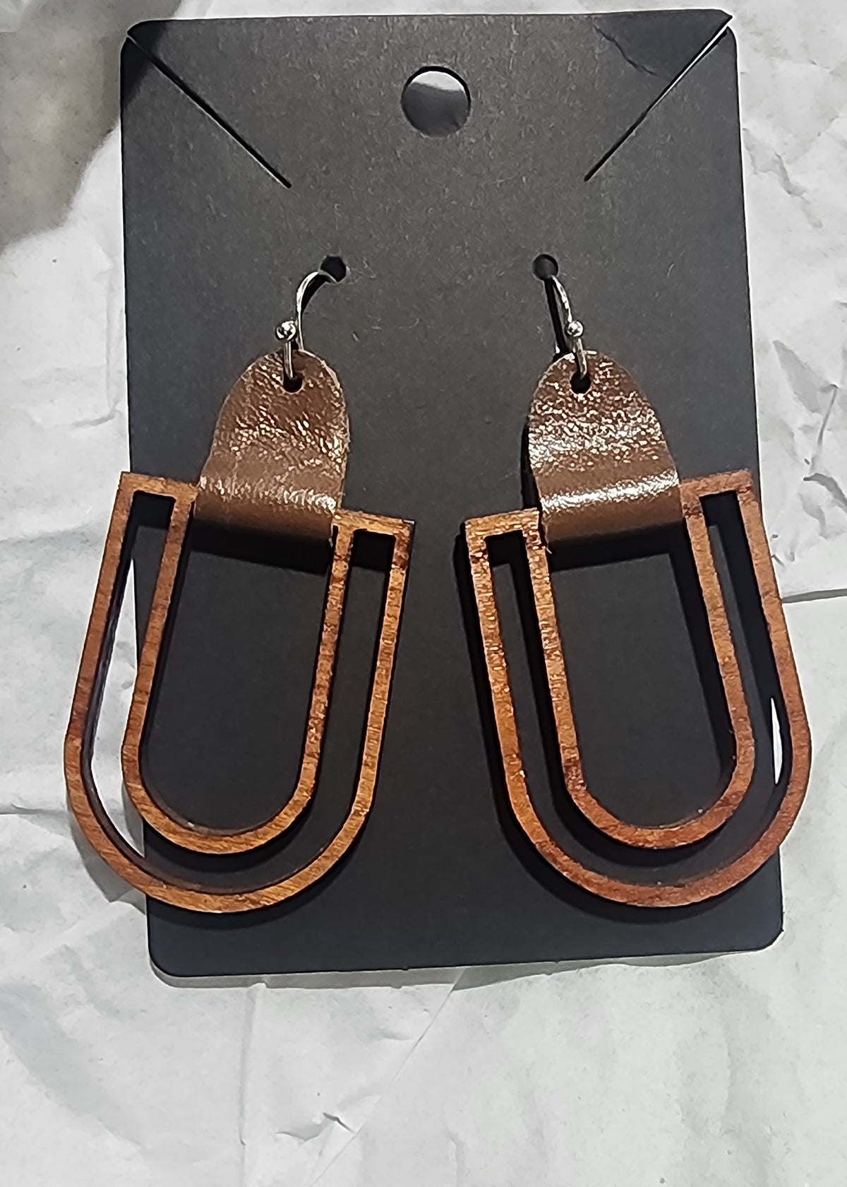 U-Shaped Hand Made Wooden and Leather Earrings