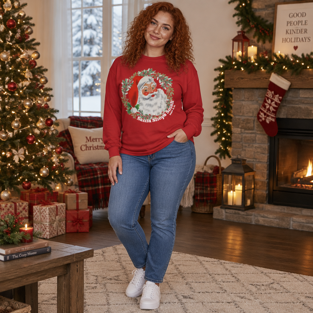 Vintage Santa Wreath Long Sleeve Tee — "Santa Shops Small" Christmas Shirt