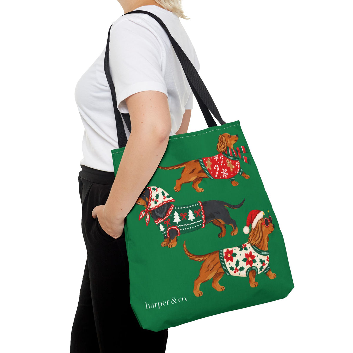 Holiday Dachshund Tote Bag — Christmas Dogs in Festive Sweaters AOP