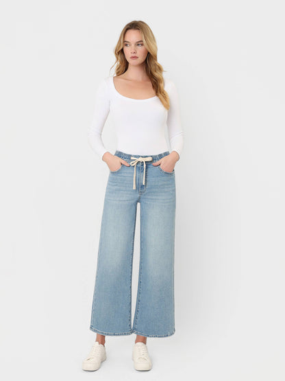 Loveret Super High Rise Full Size Elastic Waist Crop Wide Leg Jeans