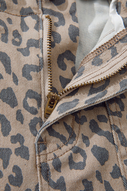Khaki Leopard Printed Drawstring Elastic Waistband Pocketed Barrel Jeans