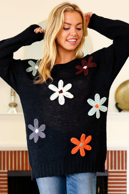 Laurel Long Sleeve Flower Patches Sweater Knit Top