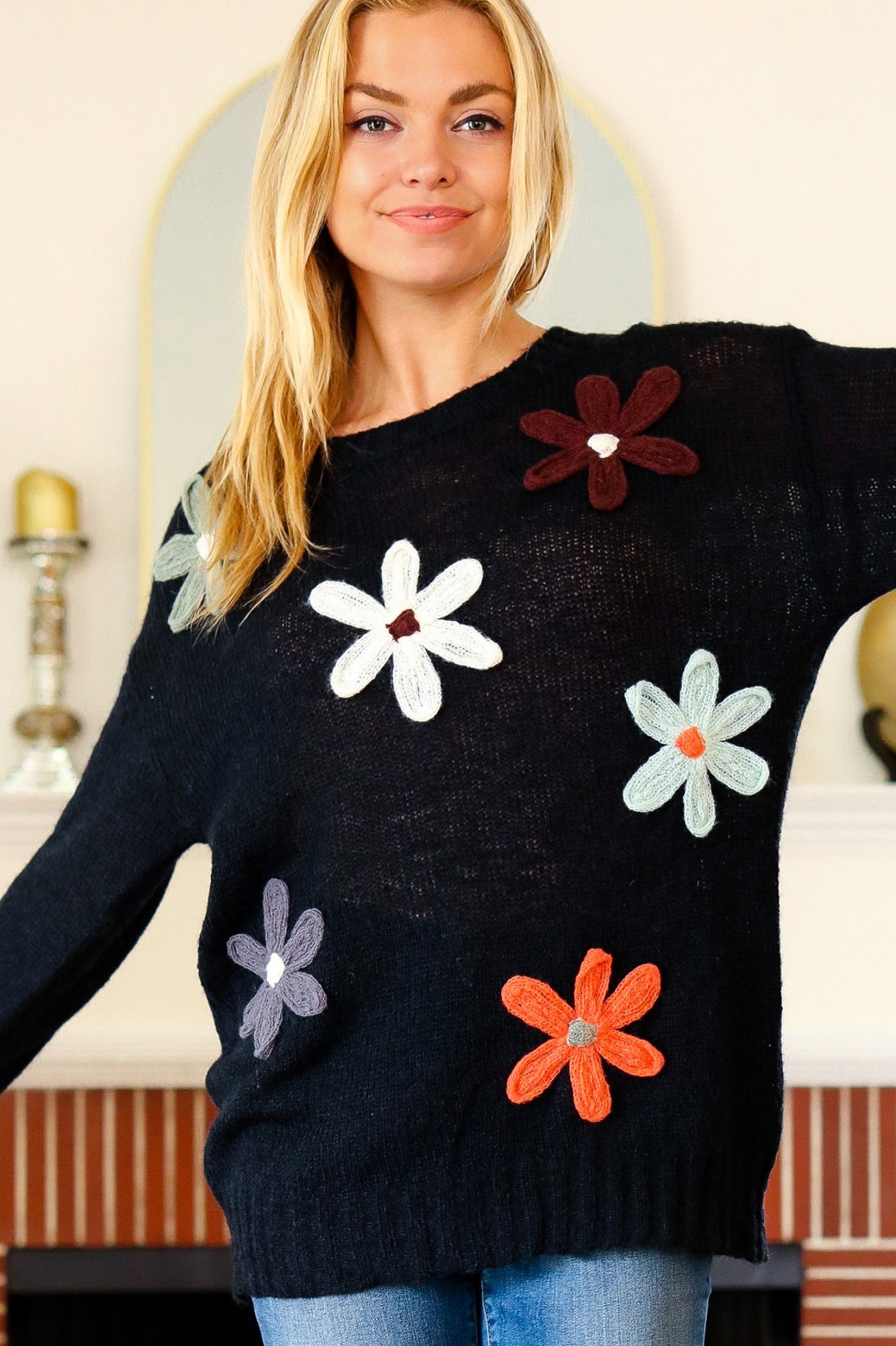 Laurel Long Sleeve Flower Patches Sweater Knit Top