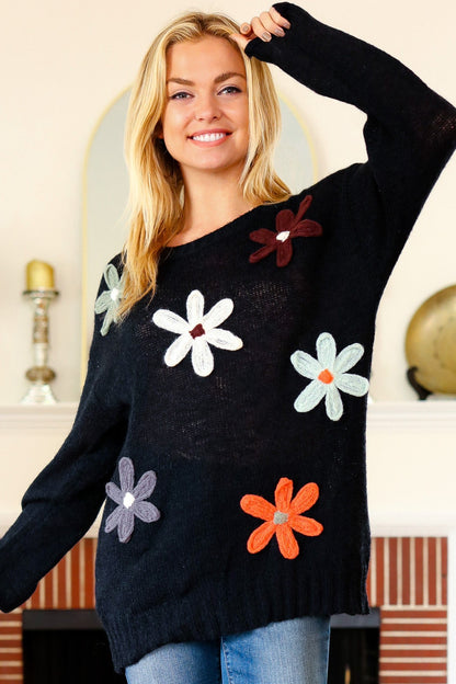 Laurel Long Sleeve Flower Patches Sweater Knit Top