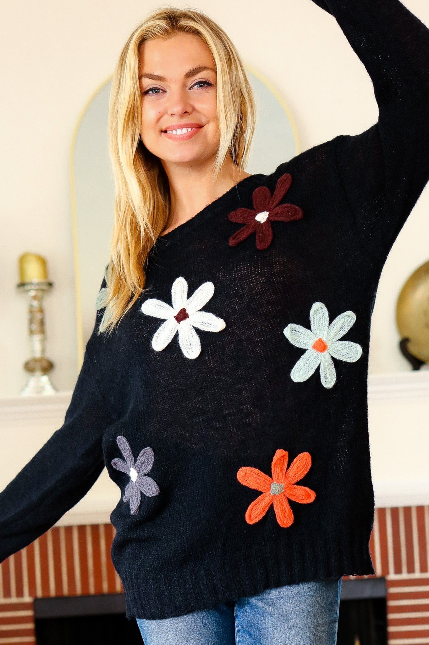 Laurel Long Sleeve Flower Patches Sweater Knit Top