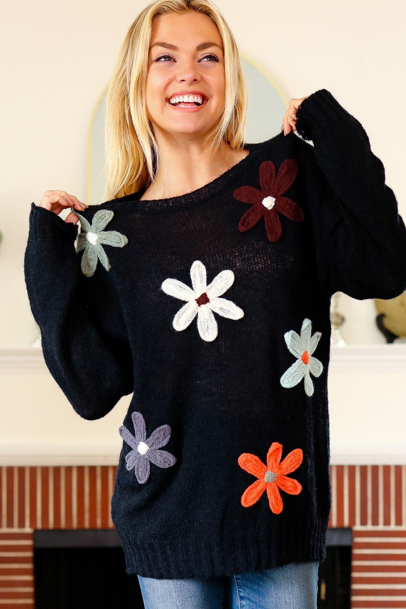 Laurel Long Sleeve Flower Patches Sweater Knit Top