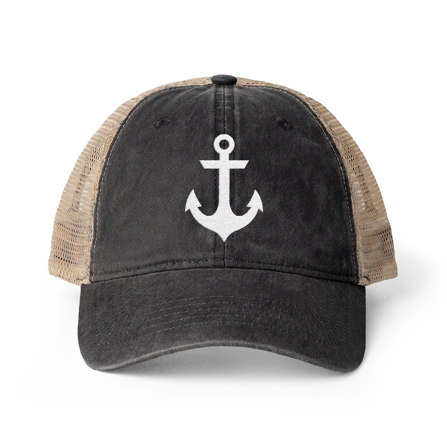 White Anchor Embroidered Women's Washed Mesh-Back Ball Cap