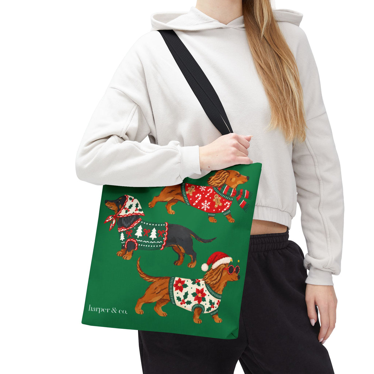Holiday Dachshund Tote Bag — Christmas Dogs in Festive Sweaters AOP
