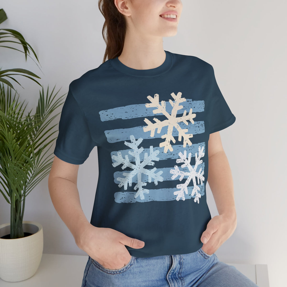 Winter Snowflakes Graphic Tee — Blue Striped Holiday T-Shirt