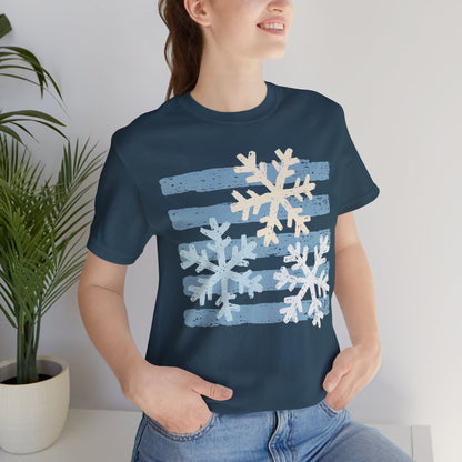 Winter Snowflakes Graphic Tee — Blue Striped Holiday T-Shirt