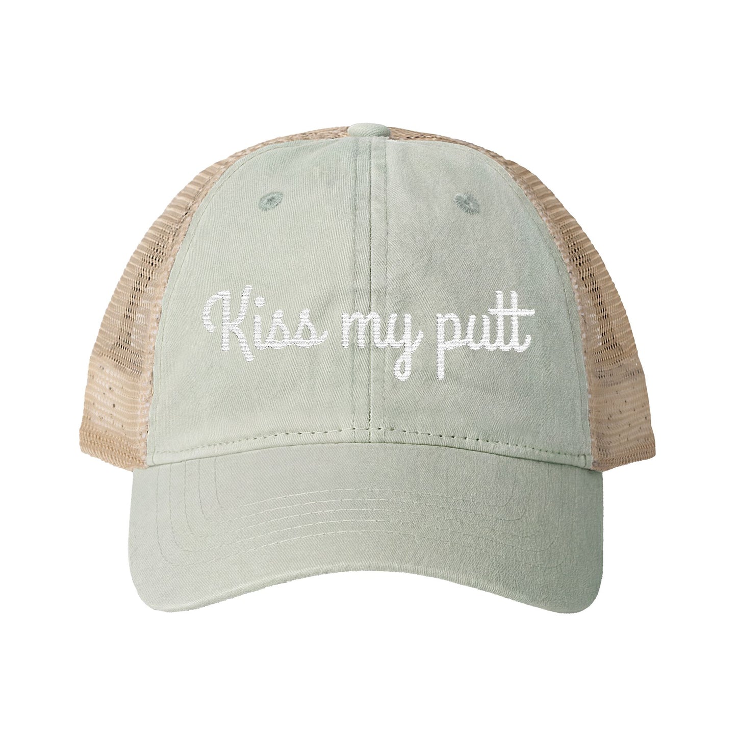 Kiss My Putt Embroidered Women's Washed Mesh-Back Ball Cap
