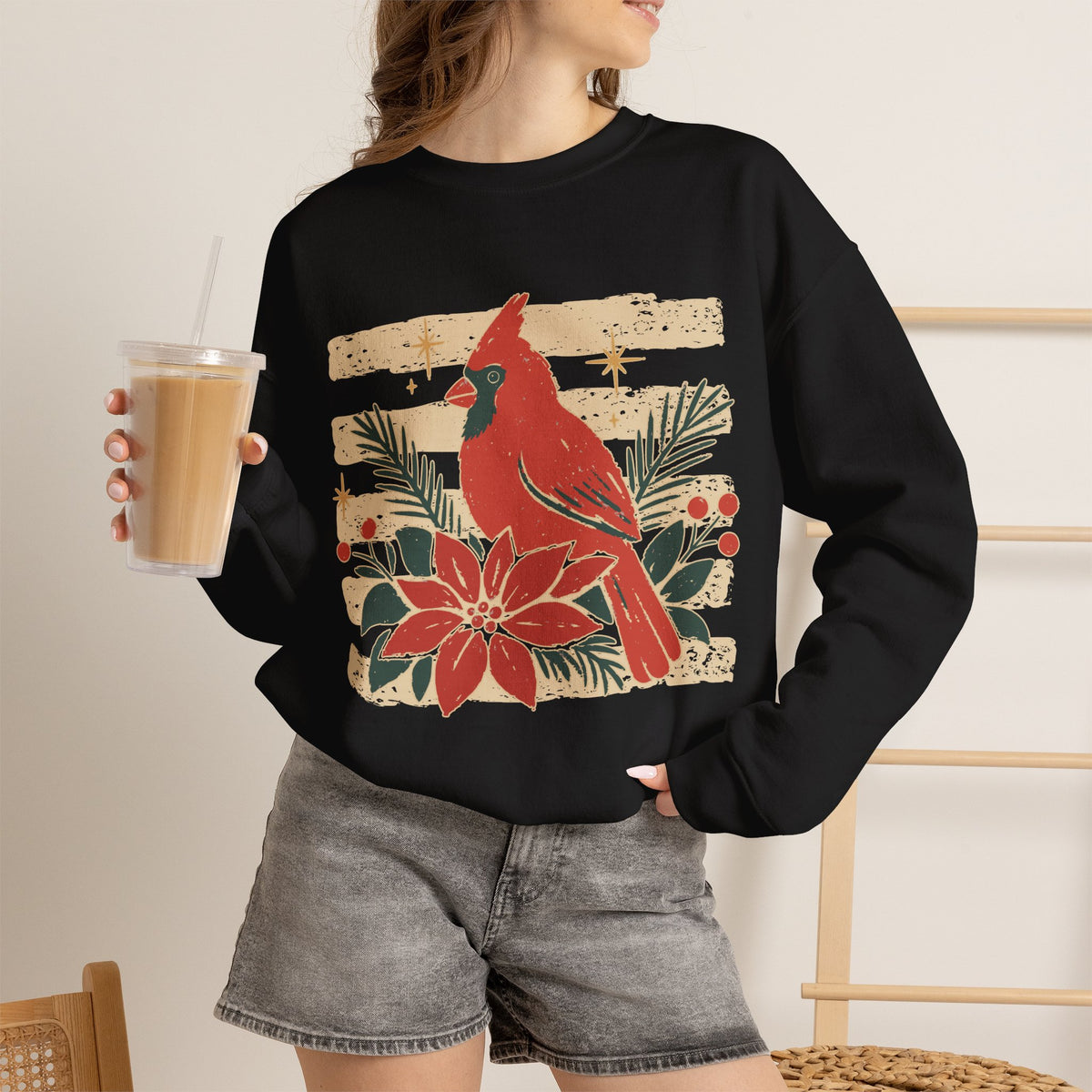Cardinal Poinsettia Sweatshirt — Festive Winter Crewneck