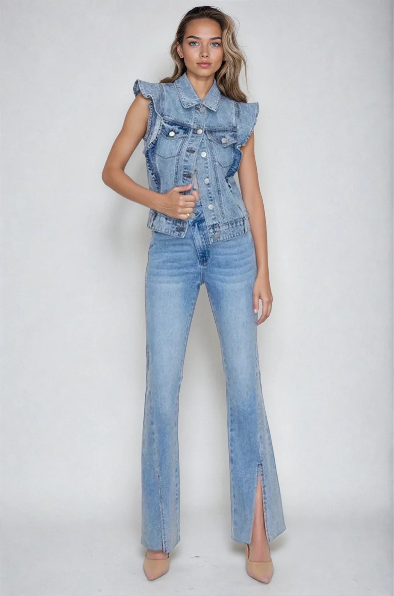 Ruffle-Shoulder Denim Vest