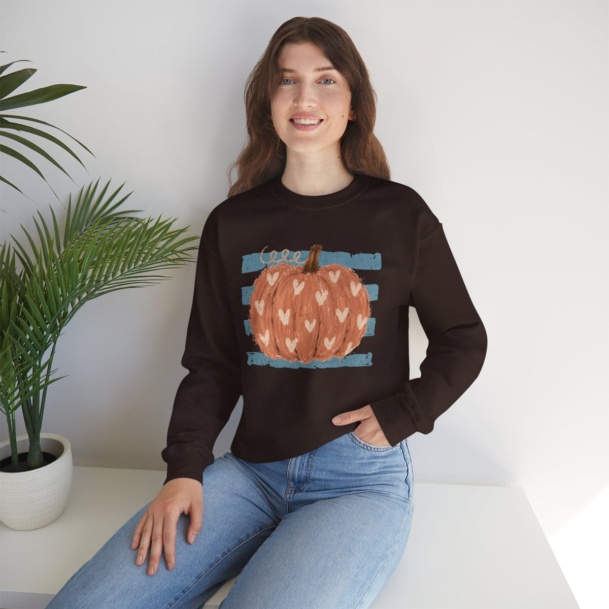Pumpkin Blue Stripes with Hearts Crewneck Sweatshirt