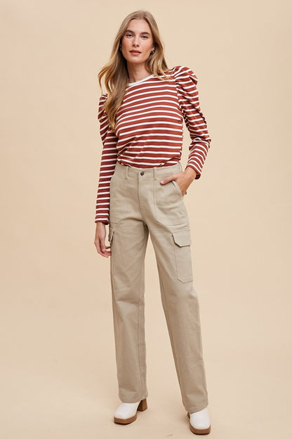 Annie Wear Striped Round Neck Puff Sleeve French Terry Top