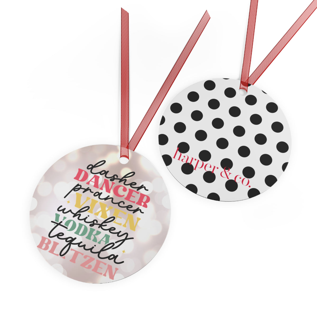 Reindeer Names Polka Dot Metal Ornament – Round Black & White Christmas Tree Decor