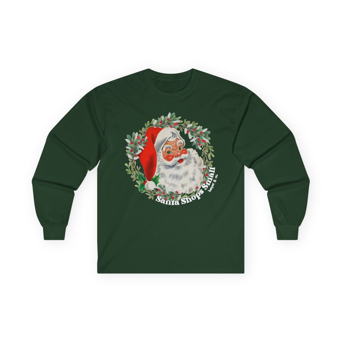 Vintage Santa Wreath Long Sleeve Tee — "Santa Shops Small" Christmas Shirt