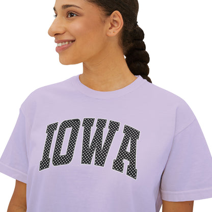 Iowa Boxy Tee — White Dots Women's Cropped College Graphic T-Shirt
