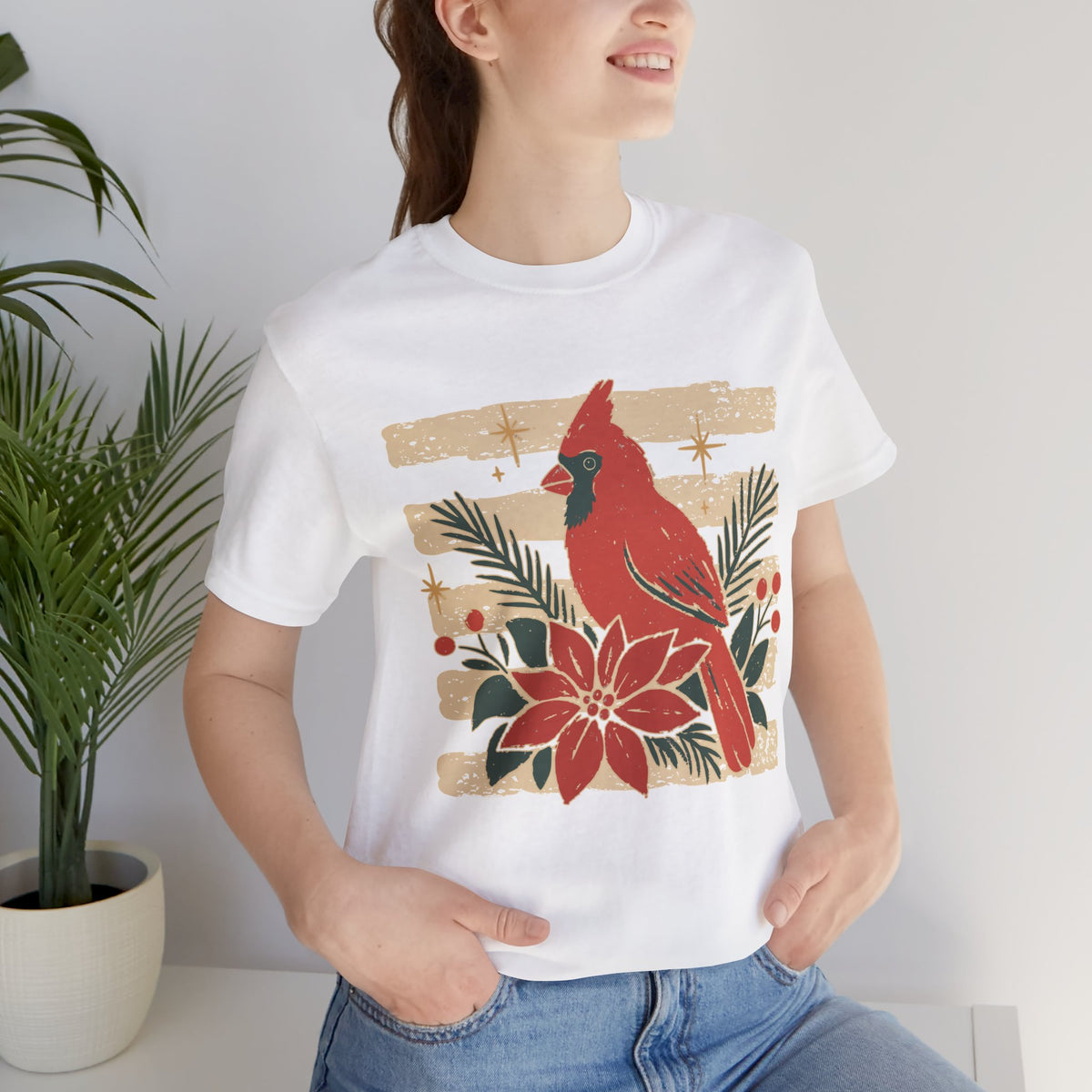 Cardinal & Poinsettia Tee — Vintage Holiday Bird Christmas T-Shirt