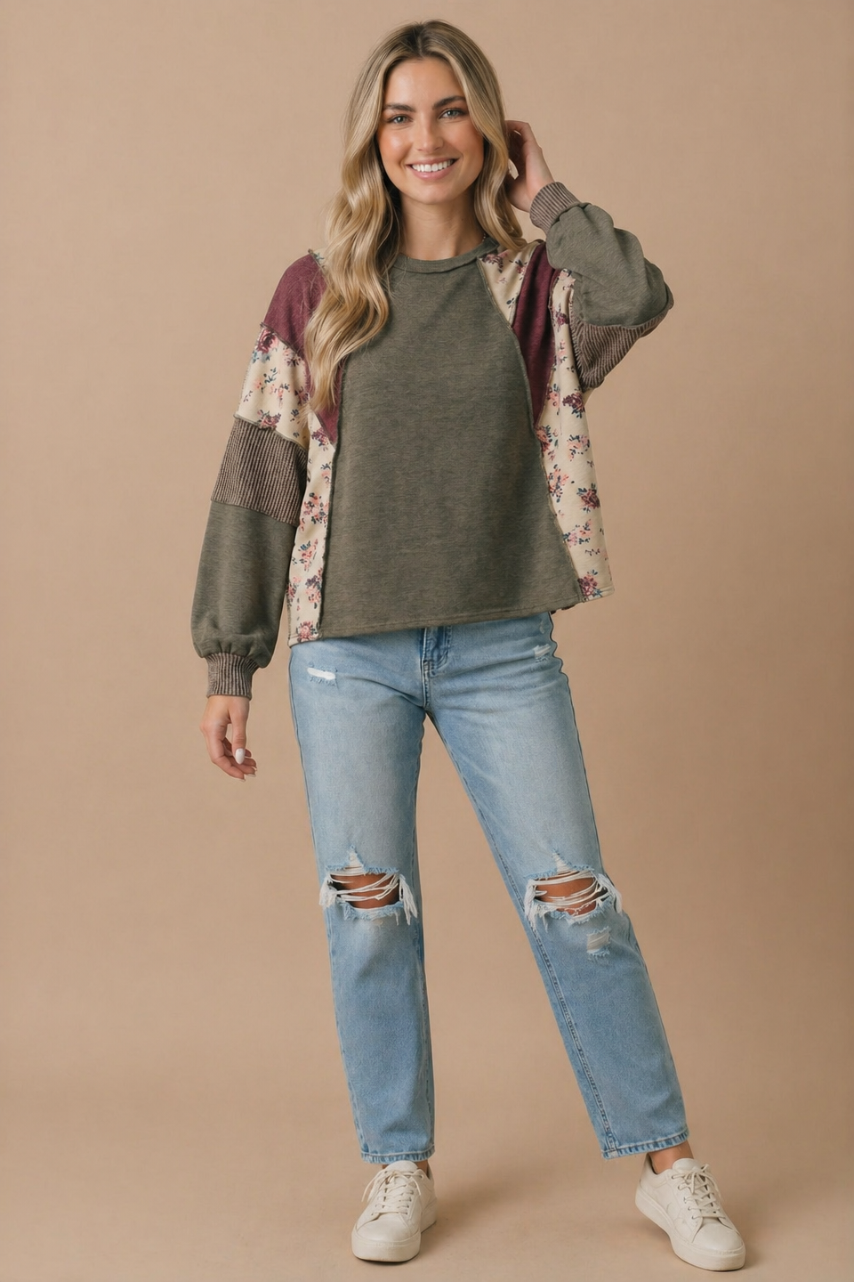 Mixed Media Patchwork Pullover Knit Top