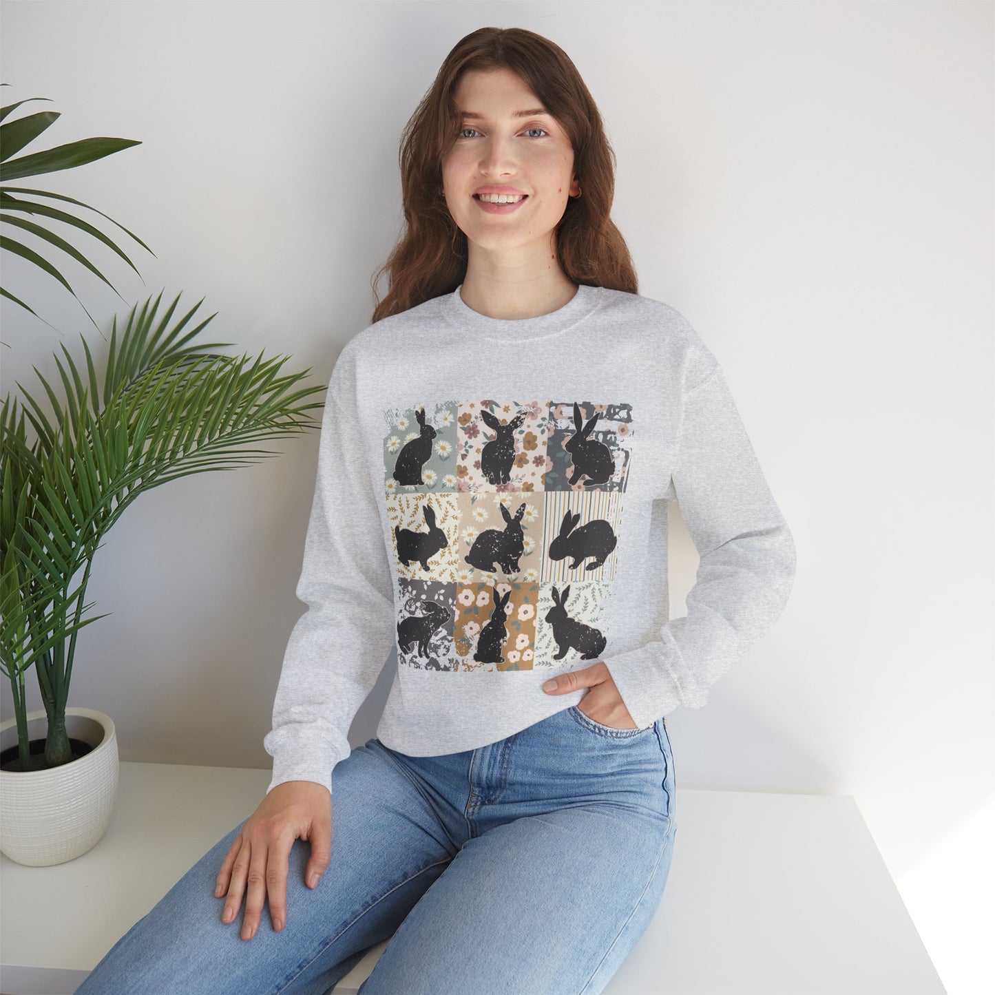 Boho Rabbit Silhouette Patchwork Sweatshirt — Floral Bunny Crewneck