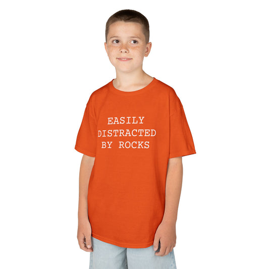 Kids Tee — “Easily Distracted by Rocks.” Funny Nature-Lover Graphic Shirt