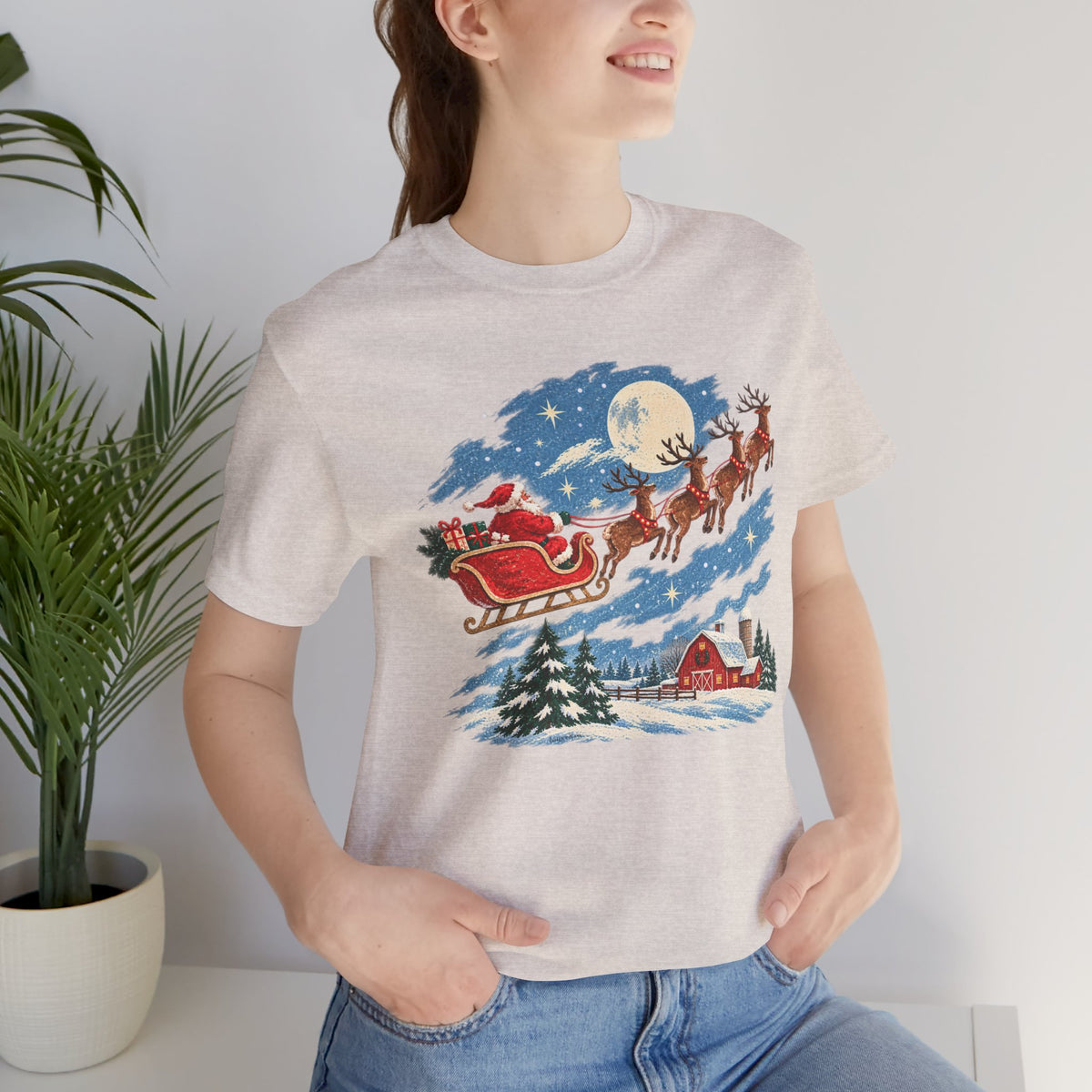 Christmas Tee — Santa Sleigh over Snowy Farm Holiday T‑Shirt