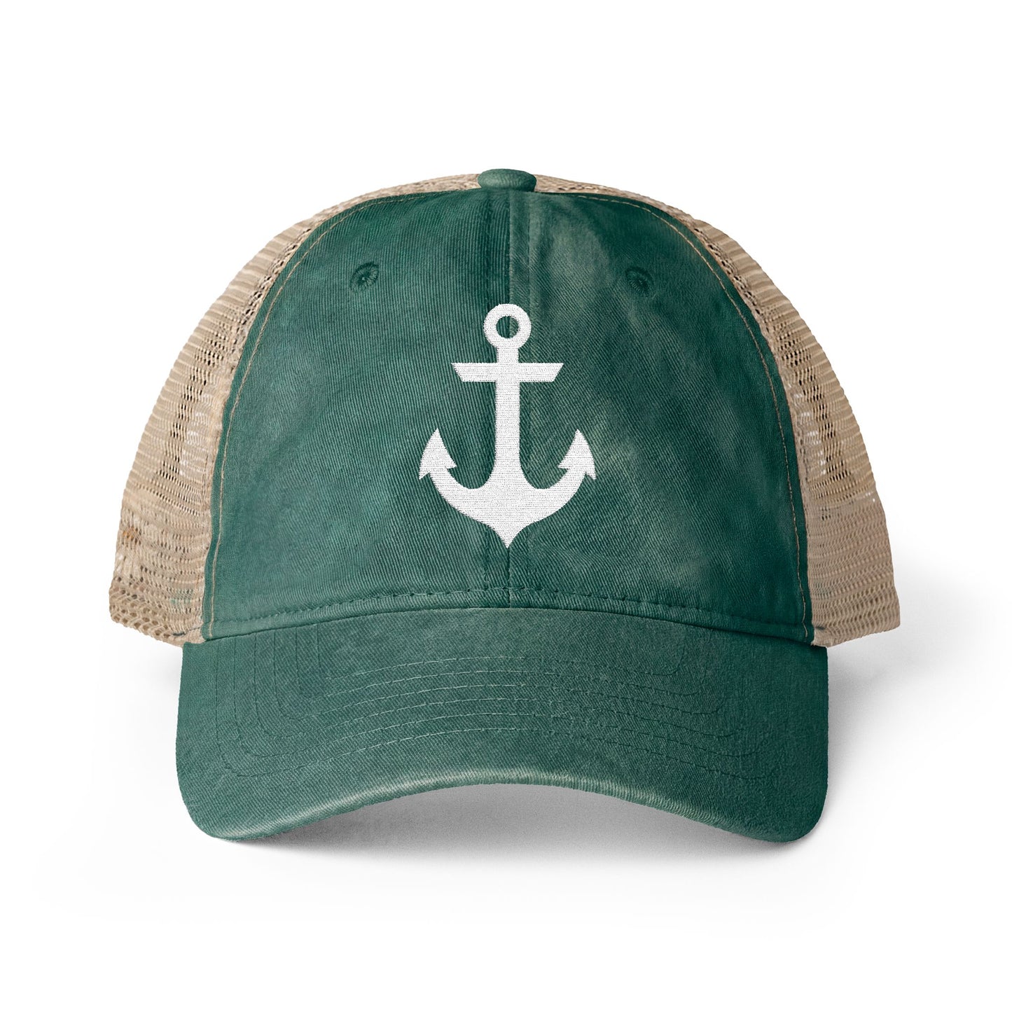 White Anchor Embroidered Women's Washed Mesh-Back Ball Cap