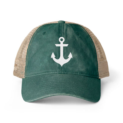 White Anchor Embroidered Women's Washed Mesh-Back Ball Cap