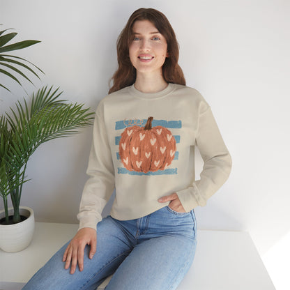 Pumpkin Blue Stripes with Hearts Crewneck Sweatshirt