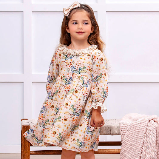 Vintage Floral Dress with Lace Collar Ruffles, Linen Blend