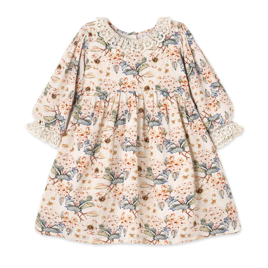 Vintage Floral Dress with Lace Collar Ruffles, Linen Blend