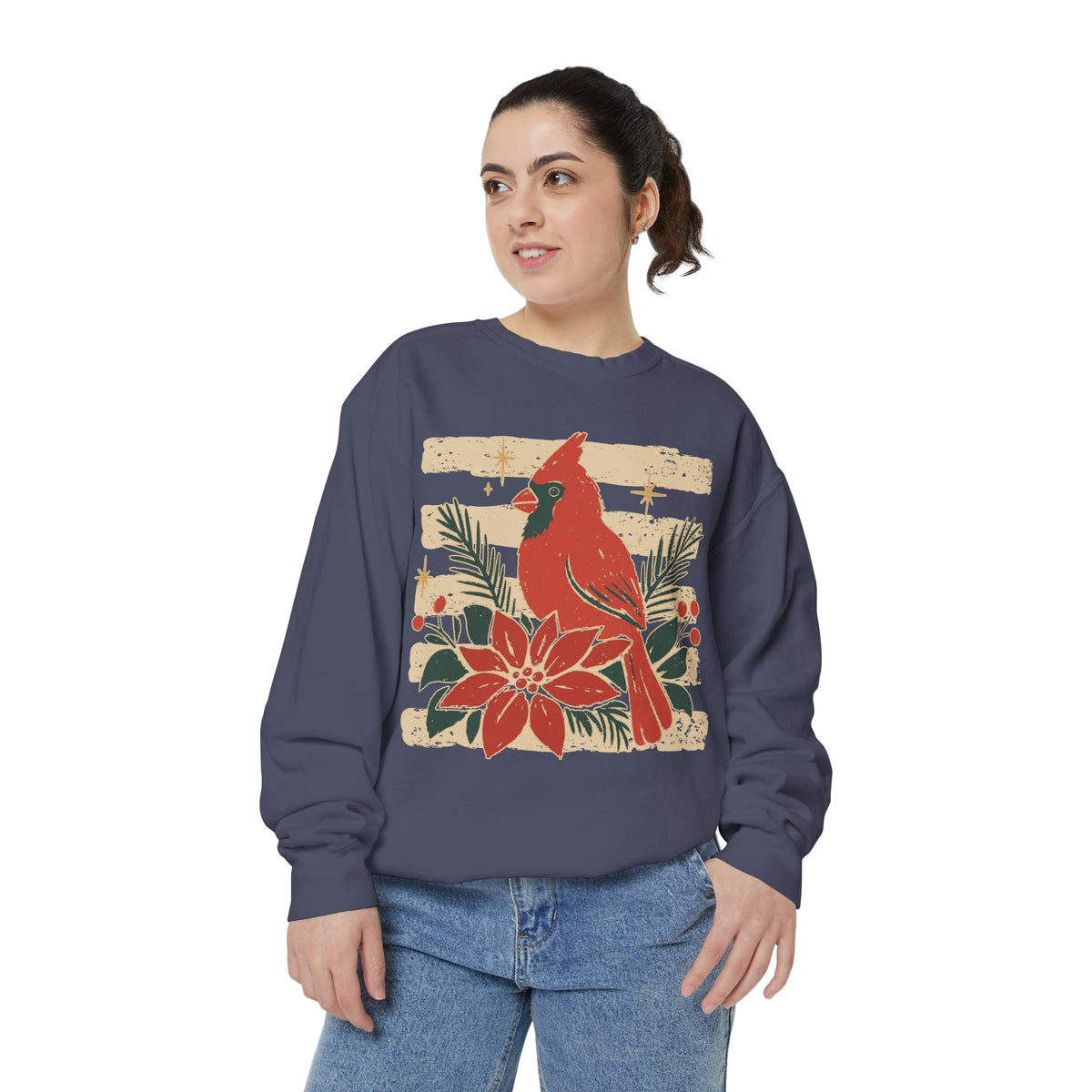 Cardinal & Poinsettia Sweatshirt — Festive Holiday Crewneck