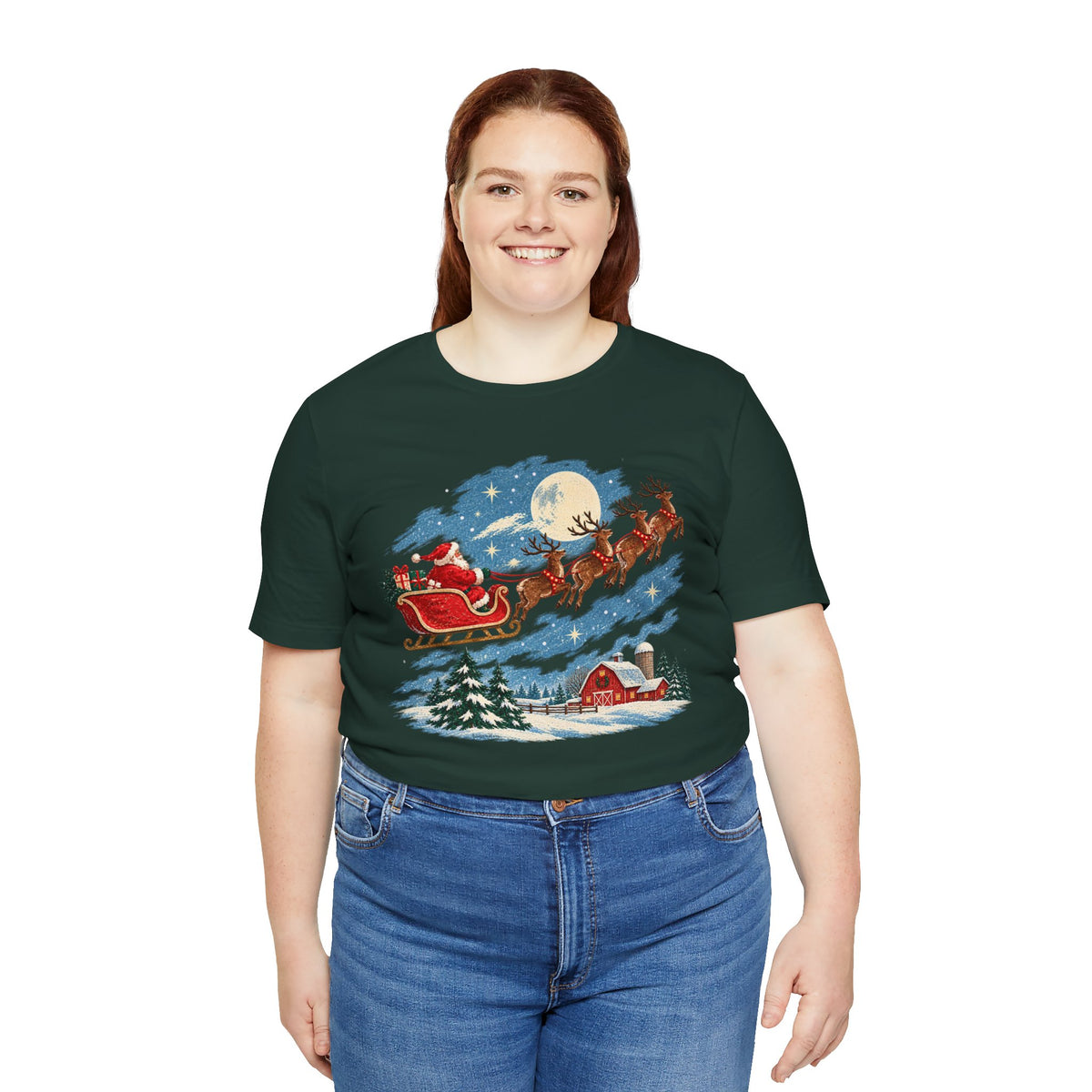 Christmas Tee — Santa Sleigh over Snowy Farm Holiday T‑Shirt