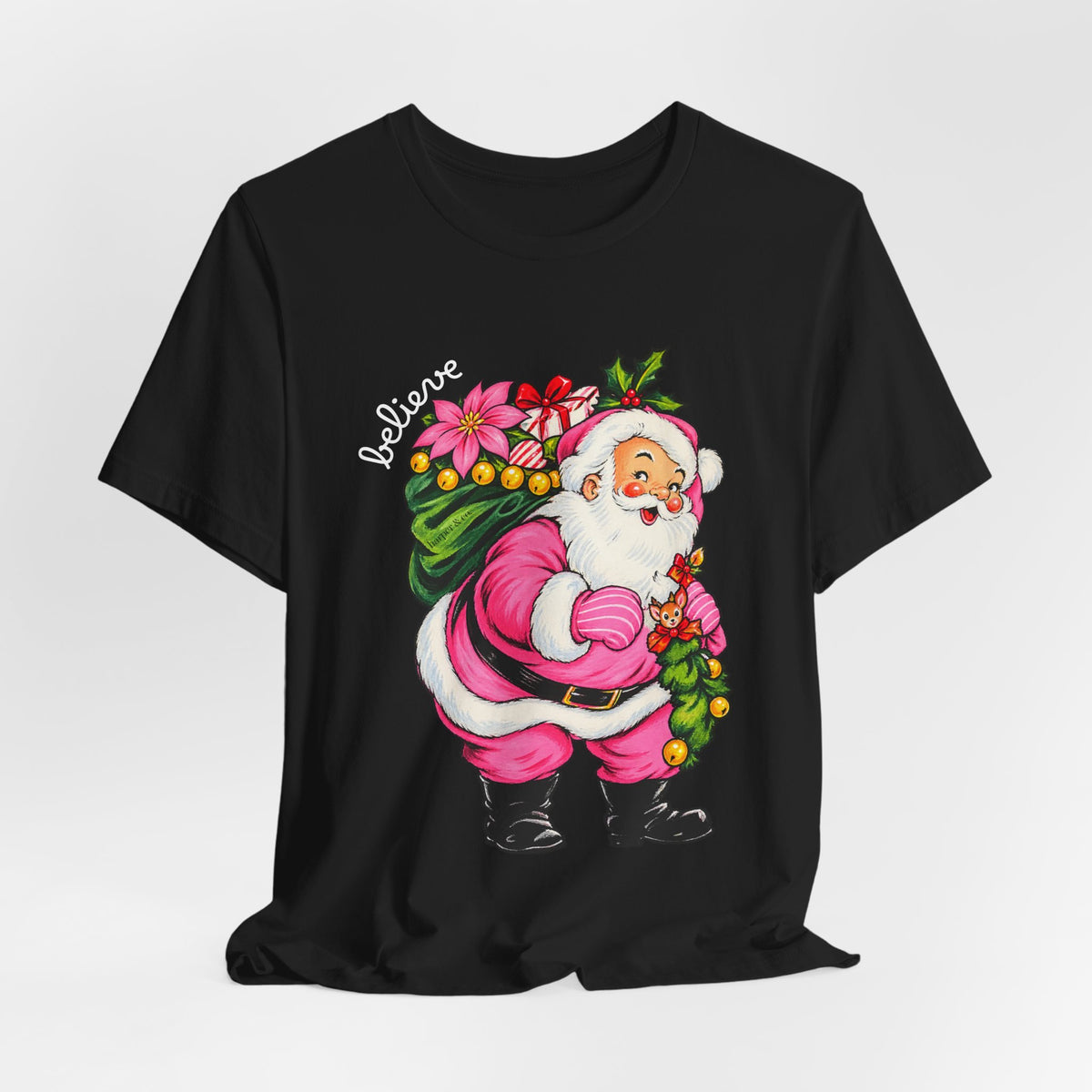 Pink Santa Christmas T-Shirt — Retro Holiday Santa Carrying Poinsettias Tee