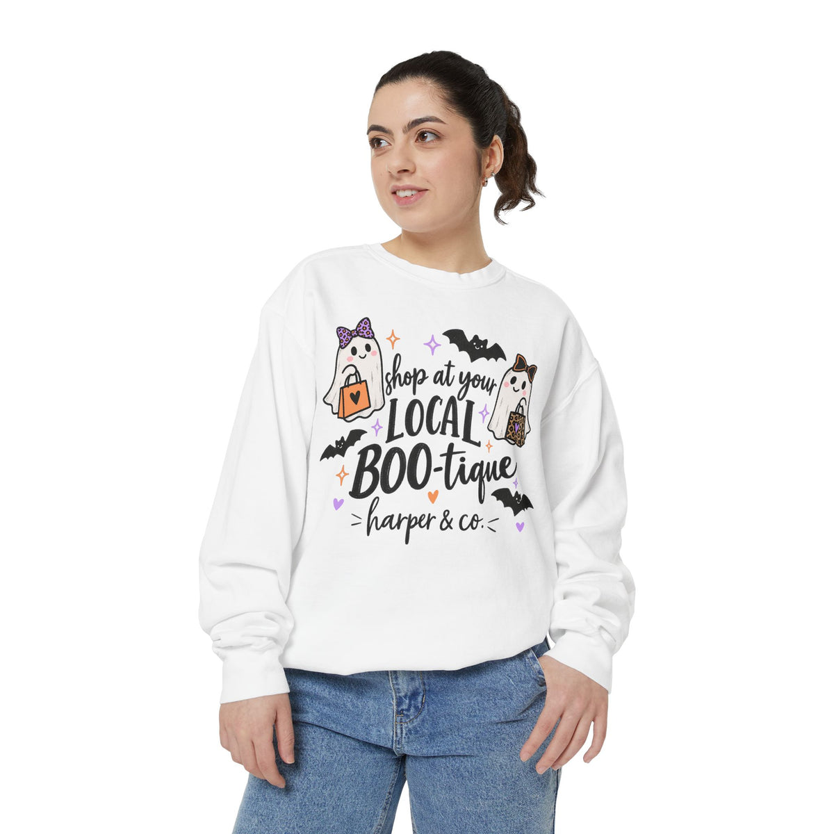 Local BOO-tique Halloween Sweatshirt — Cute Ghosts Trick-or-Treat Graphic