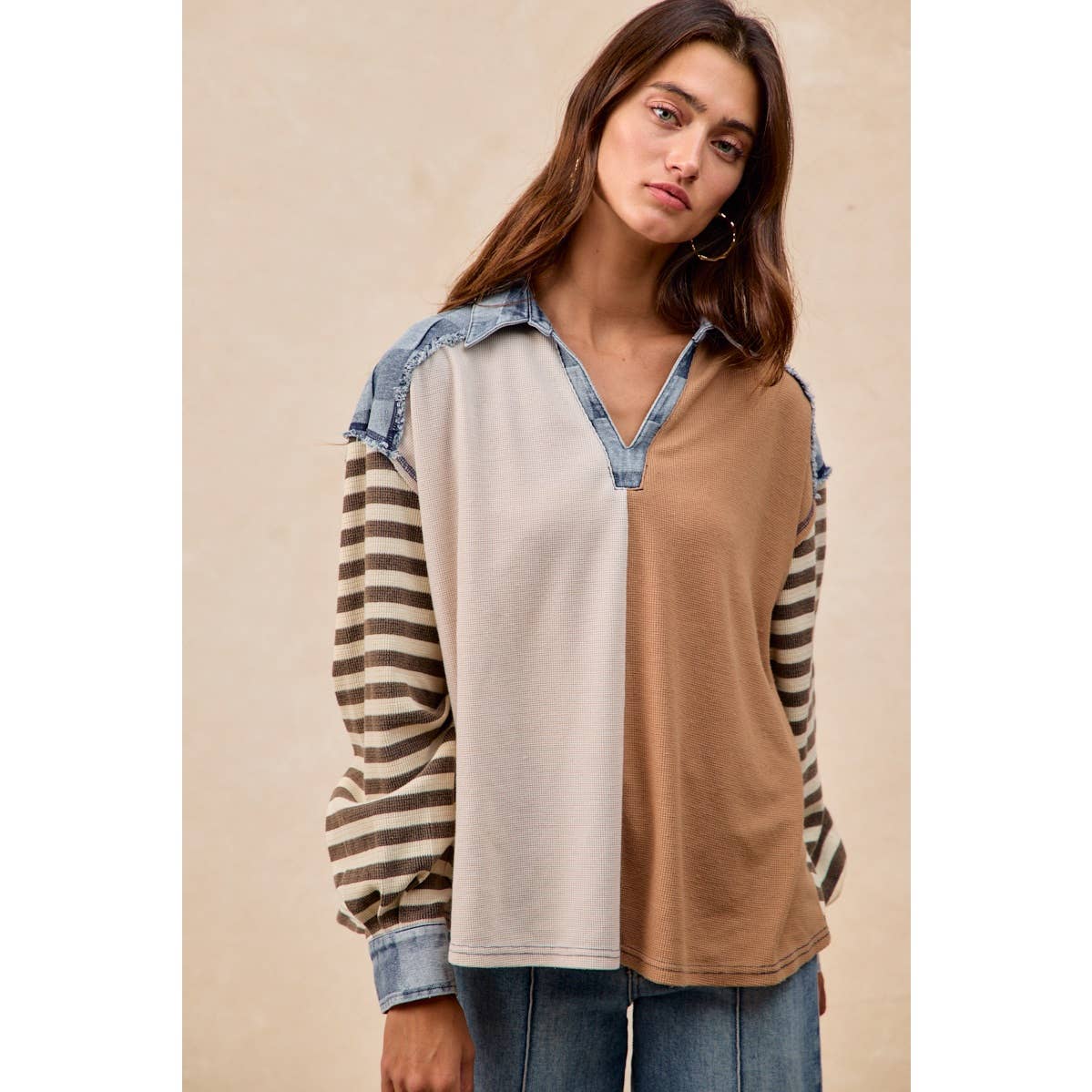 CUT EDGE CHECKER DENIM WAFFLE MIX AND MATCH TOP
