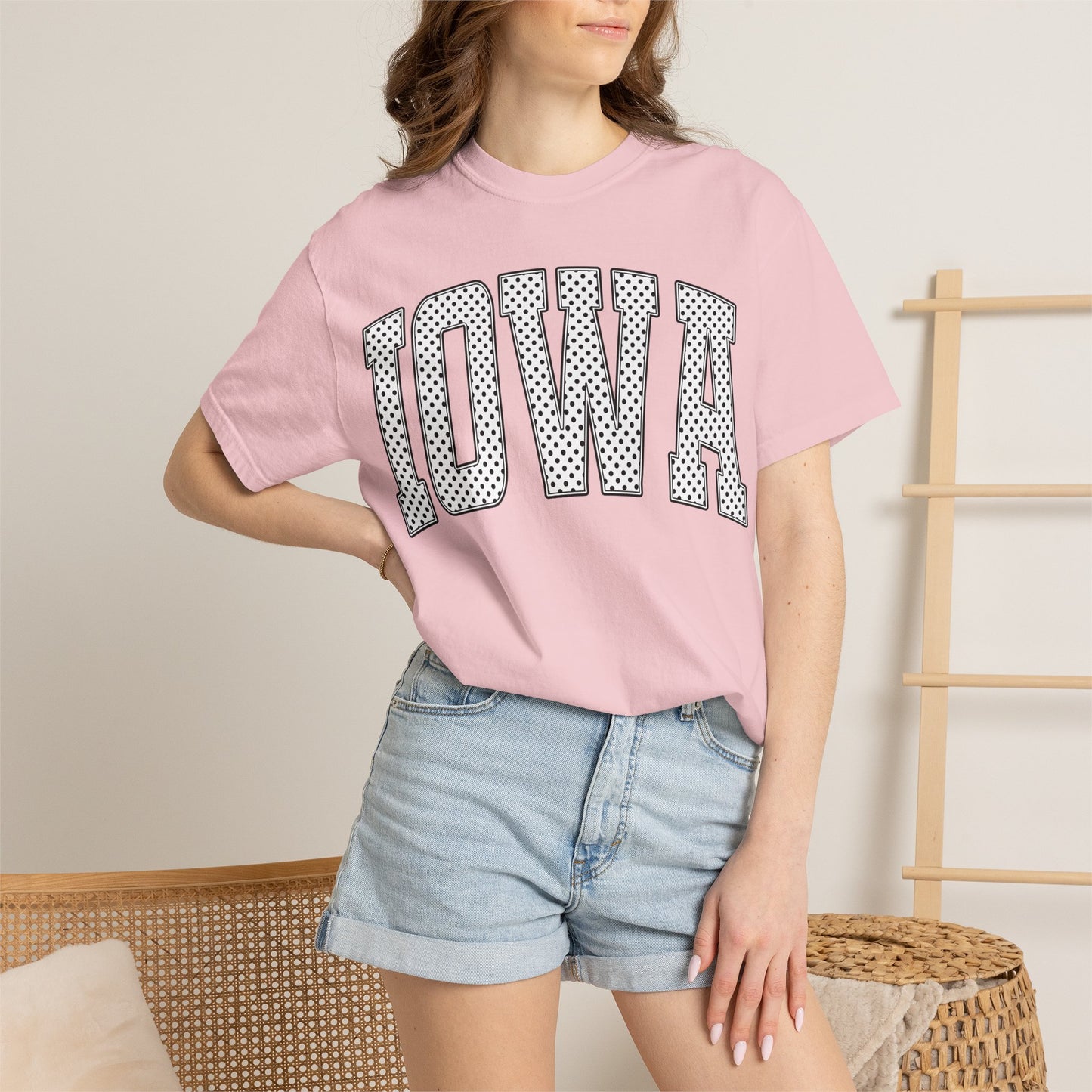 Iowa Retro Polka Dot Mesh Lettering Color Comfort T-Shirt